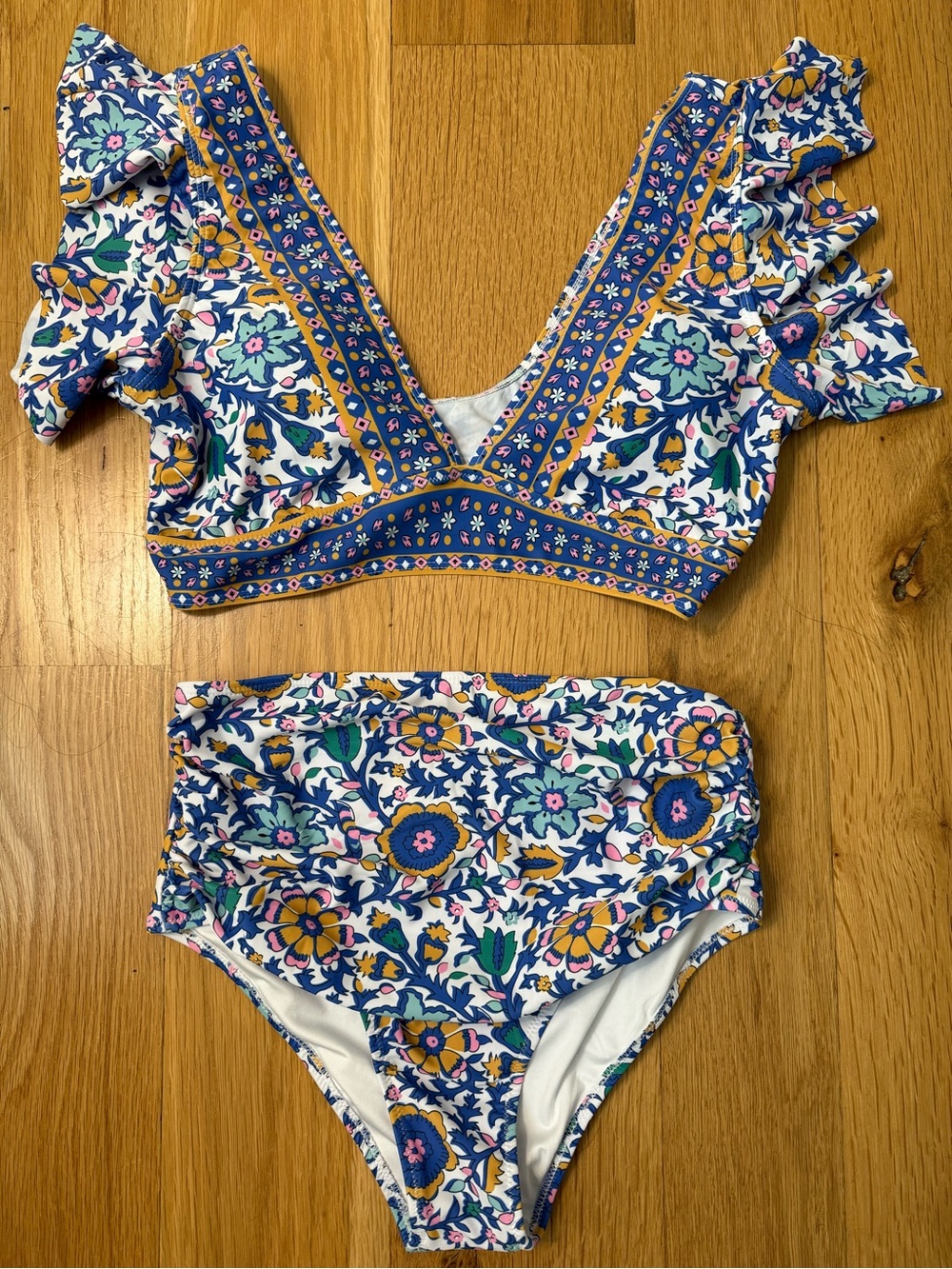 Amazon Floral High-Waist Bikini Set in Blue, White, Yellow, Green